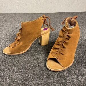 Toms Elba Sandals Women 8.5 Dark Amber Suede Ruffle Block Heel Tie Back Open Toe